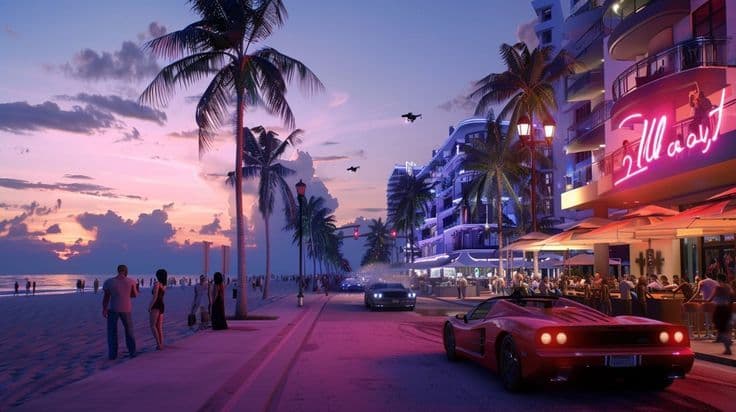 A neon-lit beachfront boulevard at sunset, palm trees along the sand and a convertible pulling away past crowded café terraces.